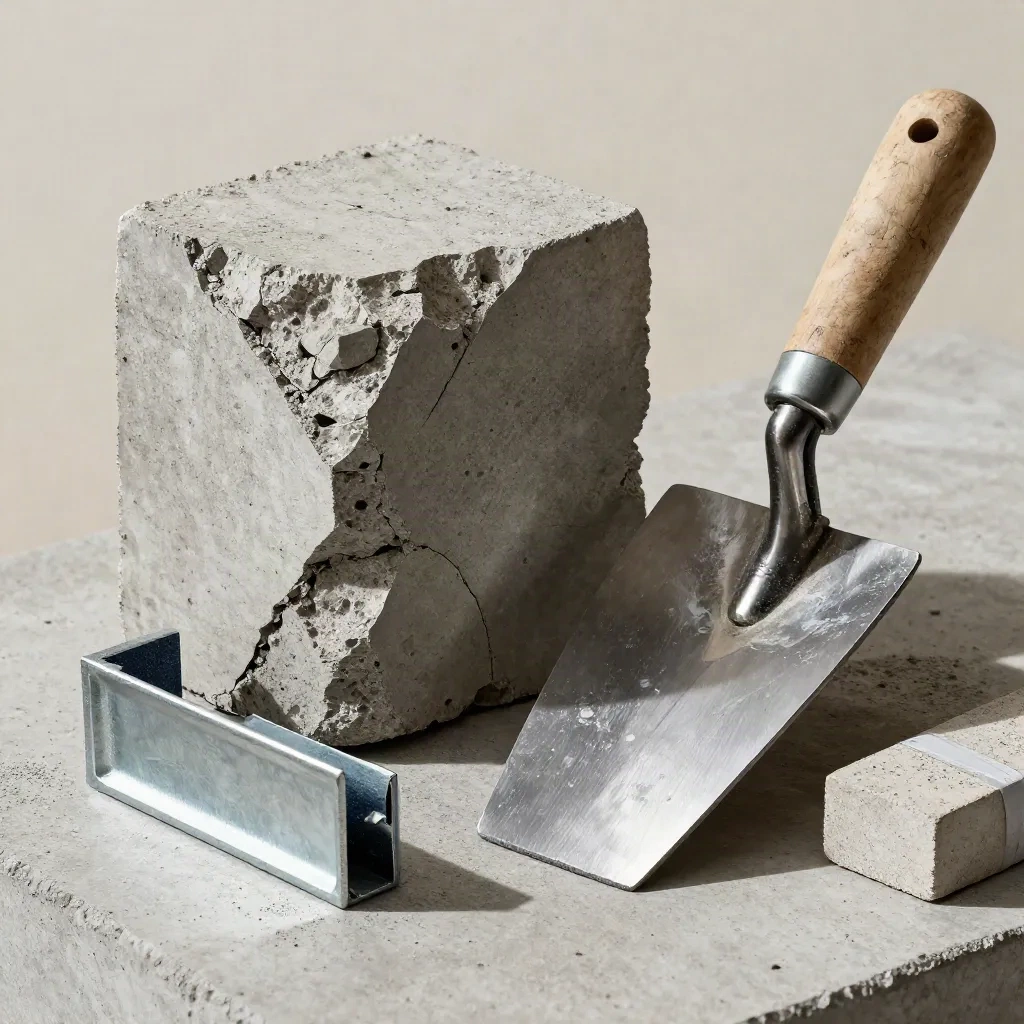 Makro detail stavebního vzorku betonu, hladítka, úhelníku a distančního bloku